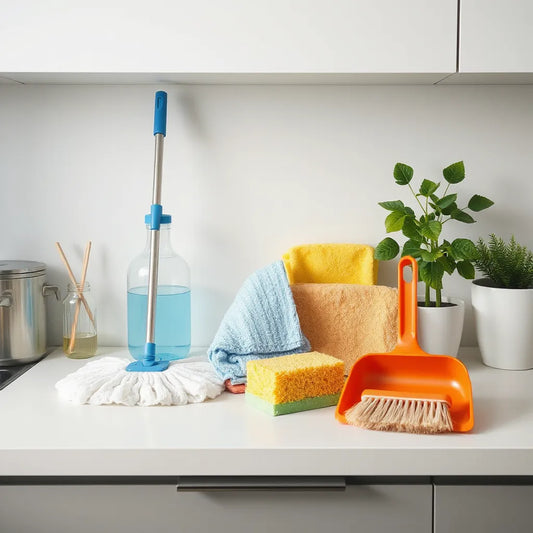 Neatly arranged cleaning tools on a light countertop, including a mop, scrub brush, cloths, and spray bottle.