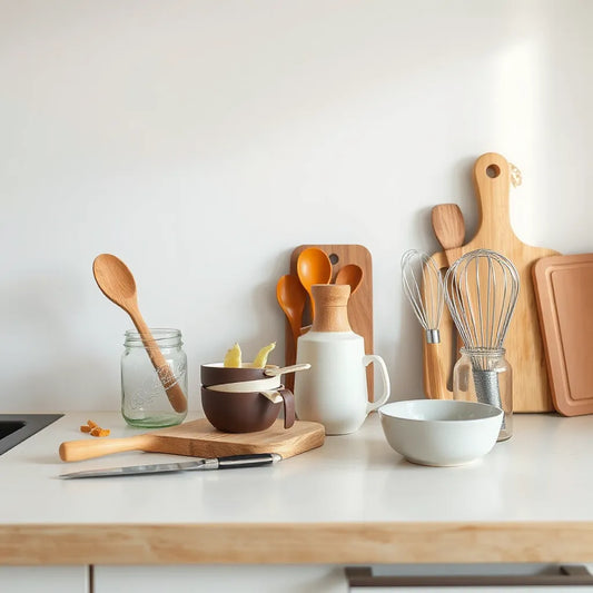 Curated set of kitchen tools on a clean countertop with cutting board, whisk, and utensils
