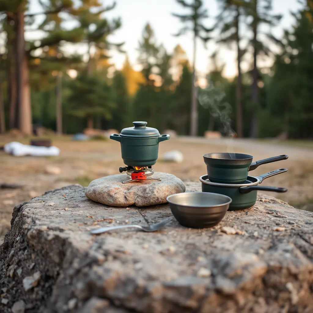 Lightweight camp stove with nesting pot and pan, plus cup and utensils at a quiet forest campsite