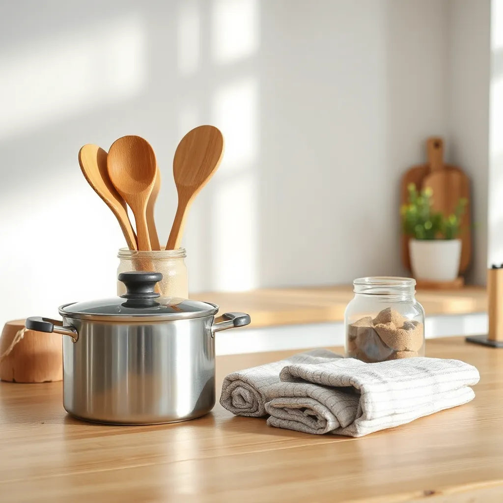 Eco-friendly kitchenware on a light wooden counter with wooden utensils, glass jars, and stainless steel cookware