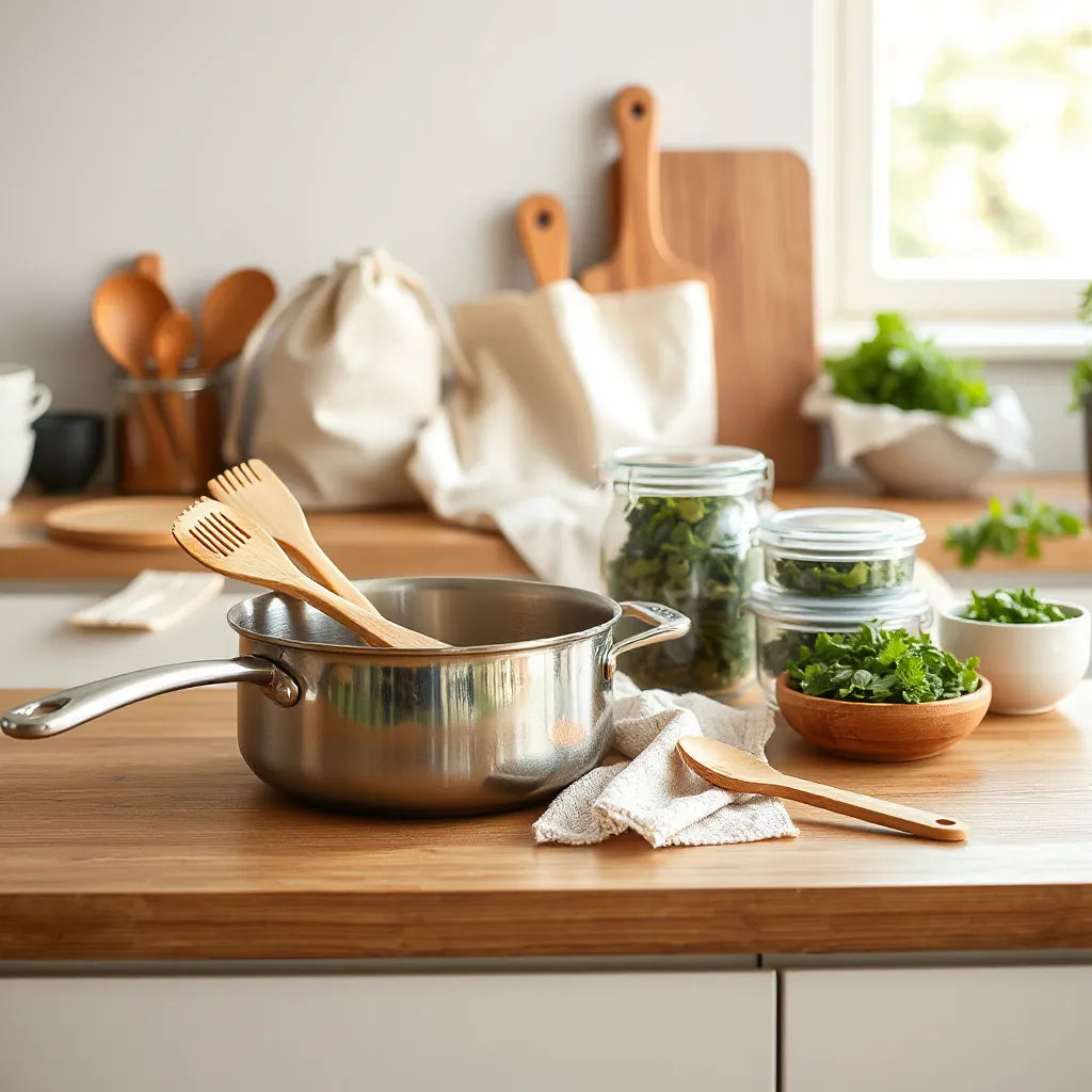 Natural kitchen countertop with cast-iron cookware, reusable wraps, and glass storage containers for low-waste cooking.