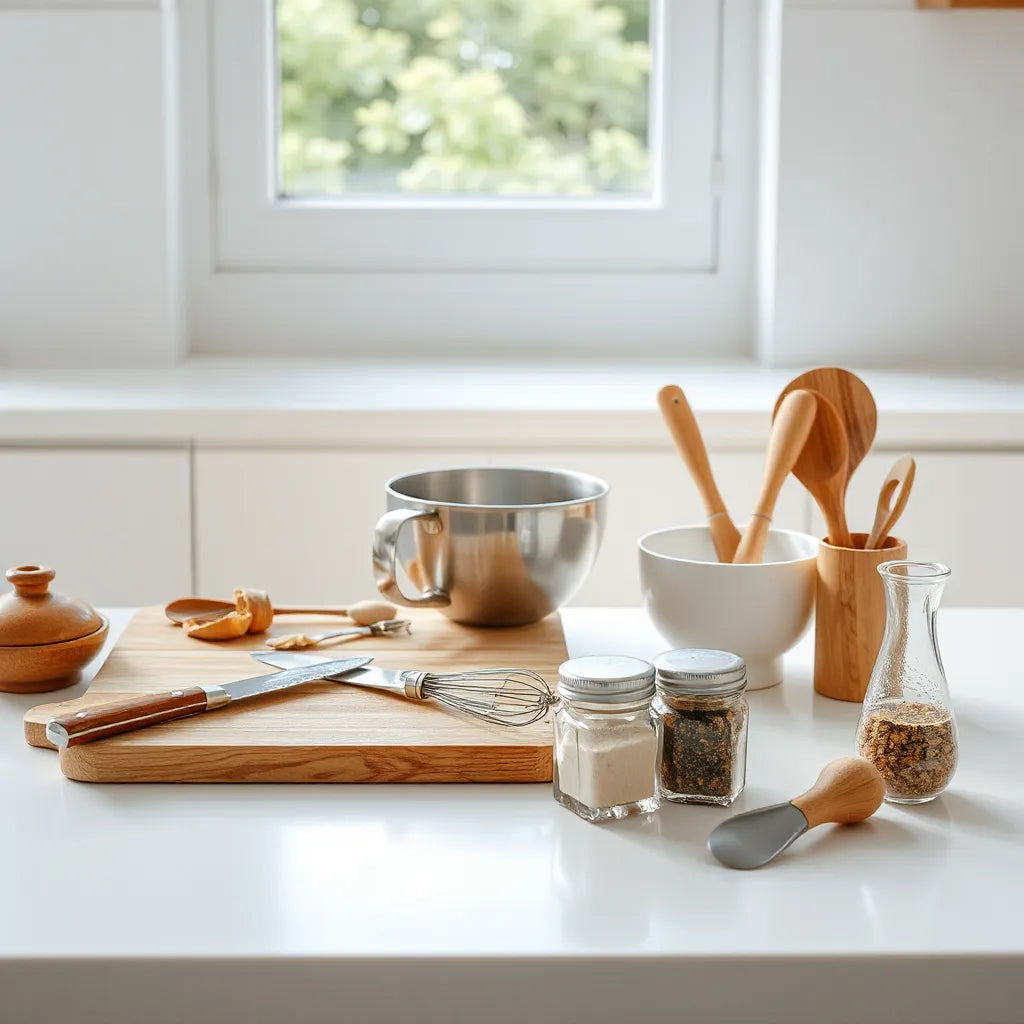 Assorted cooking tools and utensils neatly arranged on a kitchen countertop