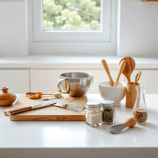 Assorted cooking tools and utensils neatly arranged on a kitchen countertop