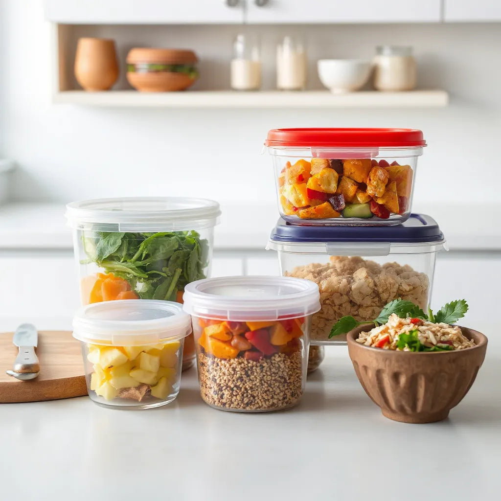 Assorted food storage containers with secure lids arranged on a bright kitchen countertop