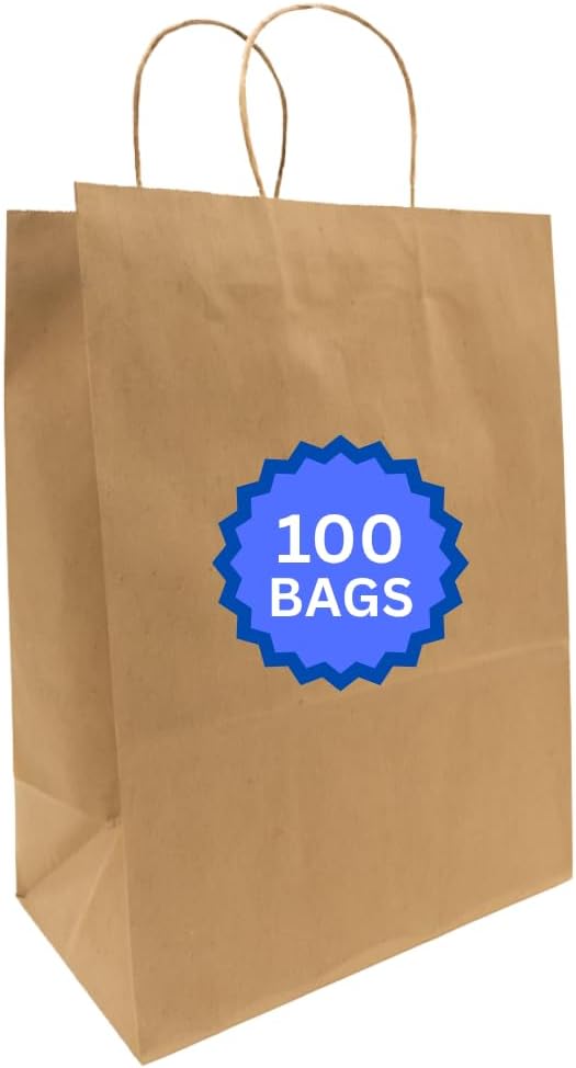 ASSUREPAK DIY Grocery Paper Bags - 100 Bags - 12"x9"x16" - 74LB (110 GSM strong) Twisted Handle - Kraft/Natural - Recyclable Food & Supermarket Bags for Decorating & Branding