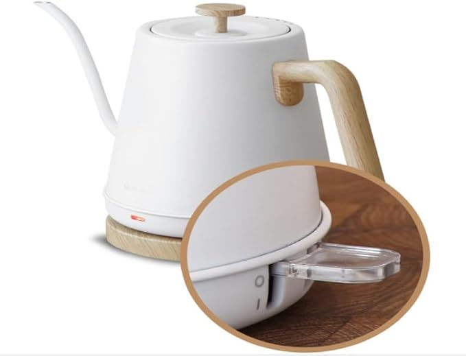 Modern Electric Gooseneck inner Stainless Steel Kettle, 1200W Quick Heating, One touch, Auto Shut off with Elegant Wood Grain design 800ML (White)
