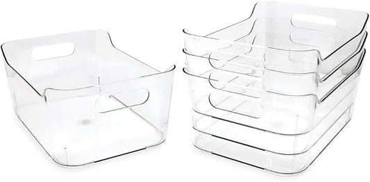 Isaac Jacobs 4-Pack Small Clear Storage Bins (9.4” x 6.7” x 4.1”) w/Handles, Plastic Box Set, Home, Office, Fridge, Freezer, Kitchen, Pantry Organization Container, BPA-Free/Food Safe (Small, 4-Pack)