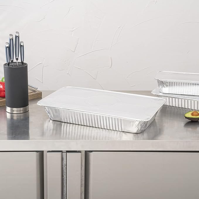 Restaurantware-LIDS ONLY: 25 Foil Pan Lids, Fits Full Size Steam Table Lid, Oven-Ready Tray Lids, Freezable, Silver Aluminum Disposable Turkey Pan Covers, Pans Sold Separately