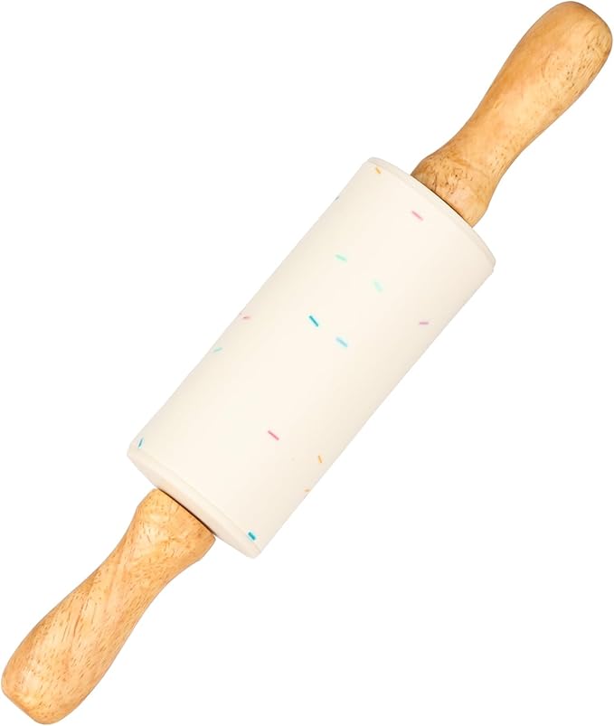 Mini Silicone Rolling Pin for Kids, Non-stick Surface Wood Handle, 9 Inch 1 Pack White Candy Granules