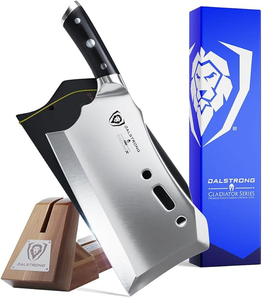 Dalstrong Obliterator Meat & Veggie Cleaver Knife - 9 inch - Gladiator Series R - Wood Stand & Sheath Cover - Razor Sharp Heavy Duty Bone Chopper- 3lbs 6mm Thick - 7CR17MOV Carbon Steel - G10 Handle