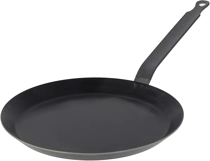 De Buyer Blue Carbon Steel Crepe & Tortilla Pan - 9.5” Diameter, 7.5” Cooking Surface - Ideal for Making & Reheating Crepes, Tortillas & Pancakes - PFAS, PFOA & PFOS Free - Made in France