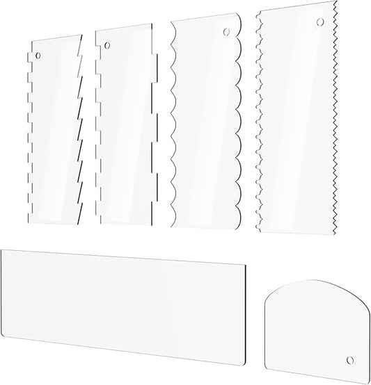 Cake Scraper 6 Pieces Clear Acrylic Icing Smoother Decorating Comb Scrapers Set, Pastry Cutter for Mousse Butter Cream Decoration, 11 Patterns Different Stripes for Cakes Edges, Kitchen Baking Tool