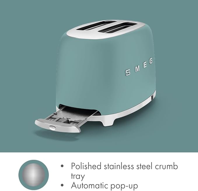 SMEG 2 Slice Toaster with 6 Presets and Defrost Function and Removable Crumb Tray (Jade)