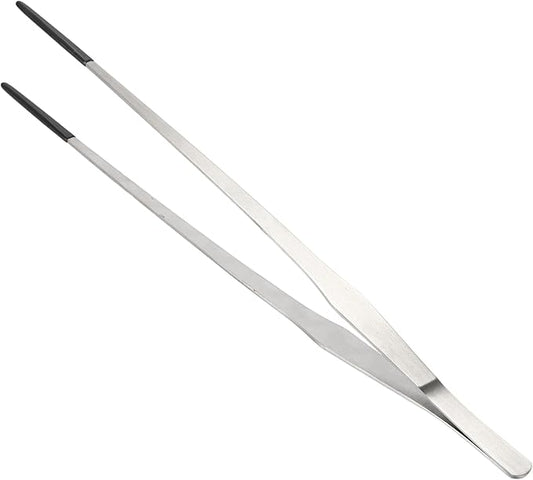 Reptile Stainless Steel Lizard Aquarium Straight Feeding Tweezers with Rubber Tip, Terrarium Feeding Tongs, 14.96" L, Black Silver Tone
