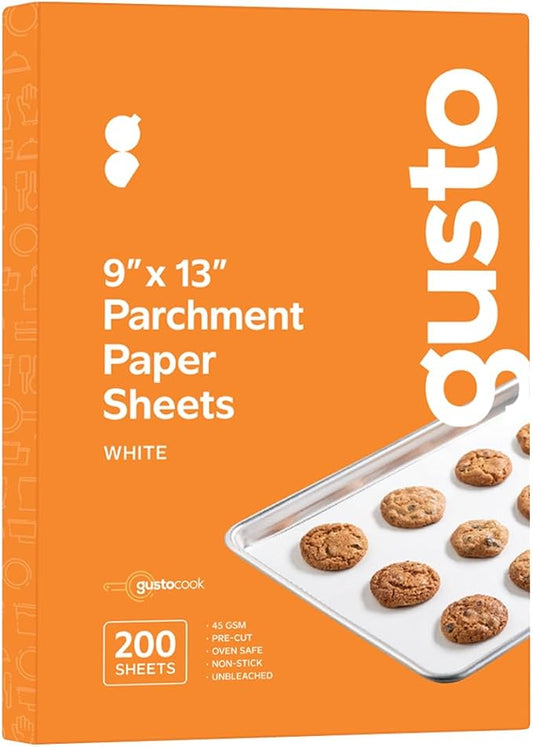 GUSTO [9 x 13 Inch - 200 Count] Pre-Cut Parchment Paper Baking Sheets, Non-Stick, Unbleached, Parchment Paper Sheets for Baking & Cooking - White - Formerly Comfy Package