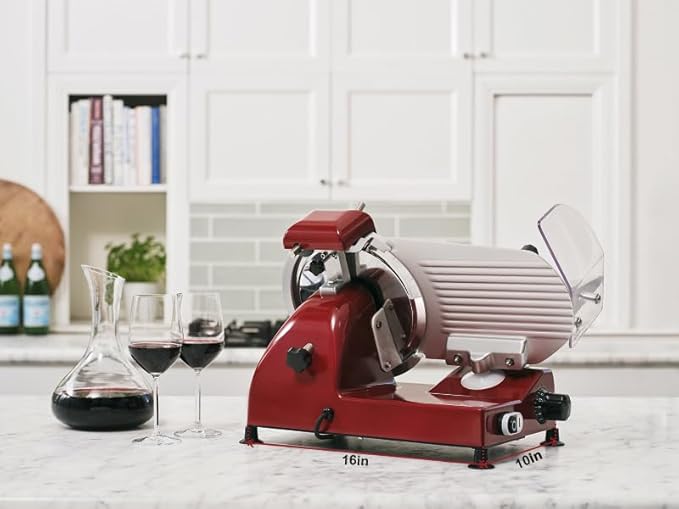 BESWOOD 10" Electric Deli Meat Slicer, Cheese Food Slicer with Premium Chromium-plated Steel Blade, for Home and Commercial use, 240W, Serving Plate included, Classic Red