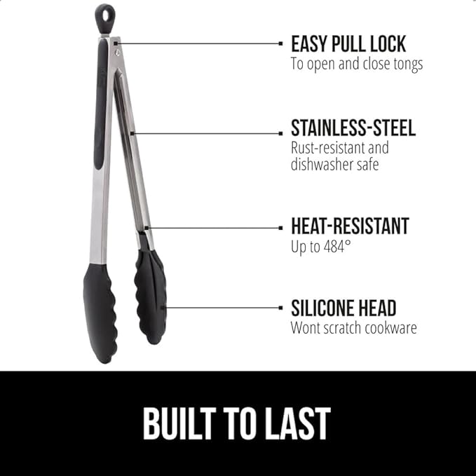 GORILLA GRIP Stainless Steel Heat Resistant Kitchen Tongs for Cooking, 12 + 14 Inch Set of 2 BBQ Tong, Non Scratch Silicone Tip for Pan, Strong Grip, Grab Food, Toss Salad, Air Fryer, Pull Lock, Black