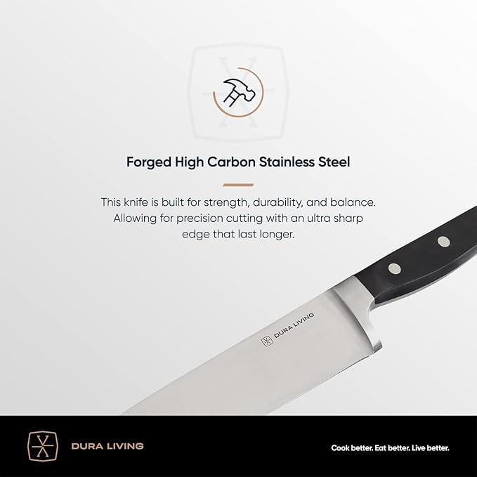 DURA LIVING Chef's Knife Set, 4 Piece Cutlery Knife Set, Superior Forged High Carbon Stainless Steel Ultra Sharp 8 Inch Chef, 7 Inch Santoku, 5 Inch Utility, 3.5 Inch Paring Knives, Black