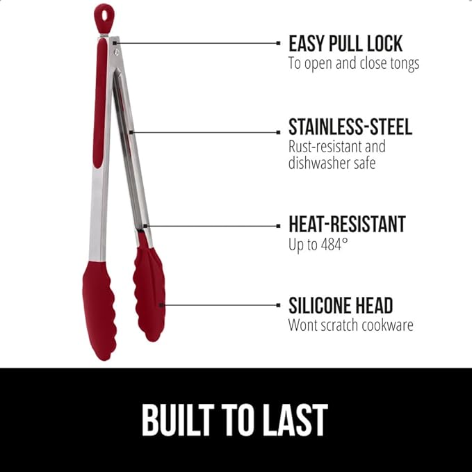 GORILLA GRIP Stainless Steel Heat Resistant Kitchen Tongs for Cooking, Set of 2 BBQ Tong, Non Scratch Silicone Tip for Pans, Strong Grip, Grab Food, Toss Salad, Air Fryer, Pull Lock, 7 + 9 Inch, Red