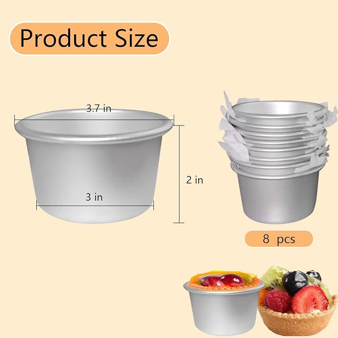 Pudding Cups Molds Individual Popover Pan Cupcake Muffin Baking Maker Aluminium 8 Pieces(3.74 x 2 x 2.87 Inch)
