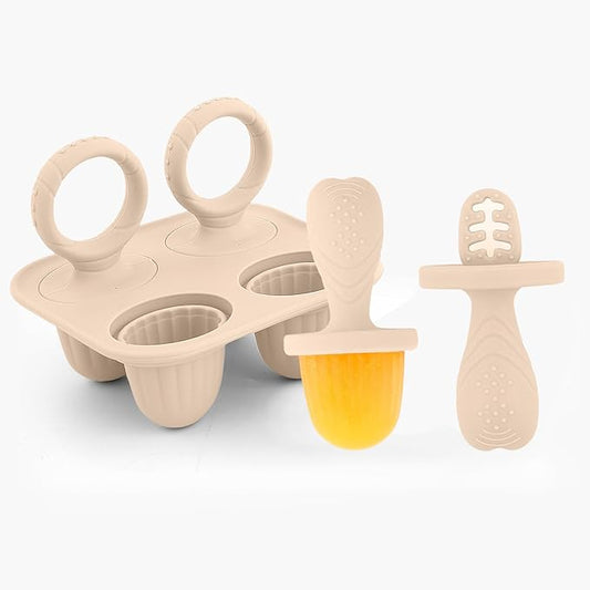 Silicone Baby Ice Pop Molds with Easy-Grip Handles, 4-Cavity Frozen Treat Tray for Toddlers, Mini Popsicle Maker for Teething Relief, Fruit Puree & Breastmilk Snacks (Beige)