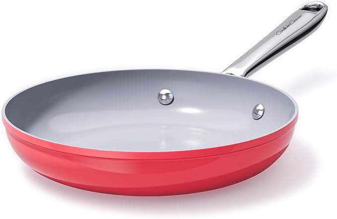 Nonstick Ceramic Frying Pan 8" for All Cooktops, PTFE/PFOA/PFAS Free, Even Heat Distribution Oven Safe to 500°F, Healthy Non Toxic Skillet w/Ergonomic Stainless Steel Handle, Fusion Red