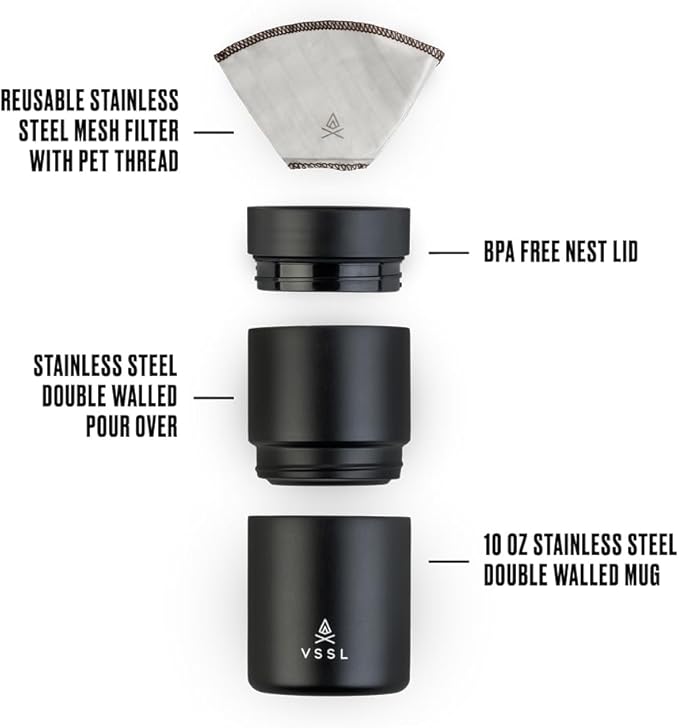 VSSL - Nest Pour Over Coffee Set | Coffee Maker for Camping | All-In-One Travel Pour Over | Transportable Dripper, 10oz Stainless Steel Travel Mug | Compact Storage & Adventure Ready | Black