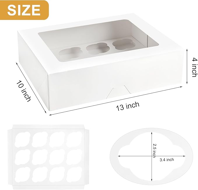 Kucoele 12 Count Cupcake Boxes, 6 Pack White Cupcake Containers with Windows and Inserts, Disposable Cupcake Carriers for Muffins, Treats, Pastries, 13 x 10 x 4 Inches