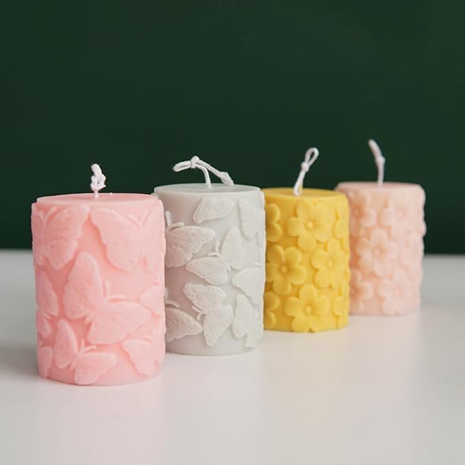 Embossed Butterfly Frangipani Cylinder Candle Molds, Pillar Candle Mold Epoxy Resin Casting Silicone Mould for Making Candle Soap Plaster Clay Mold (Frangipani)