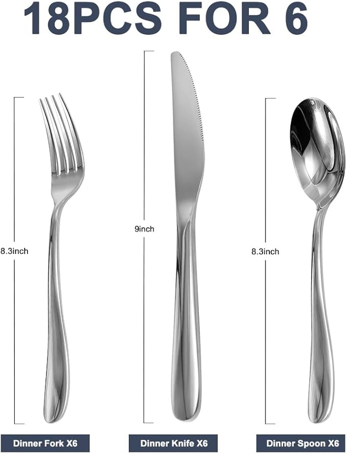 Stainless Steel 18PCS Dinner Set combo with 6 Dinner Knives, 6 Dinner Forks, 6 Dinner Spoons，Silverware Set for Home, Kitchen and Restaurant, Mirror Polished& Dishwasher Safe