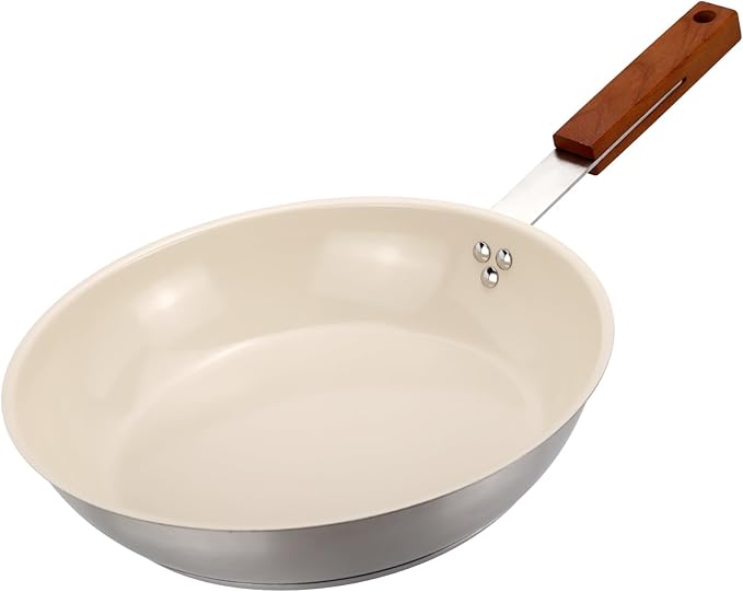 MARSKITOP 10 Inch Frying Pan Nonstick, Stainless Steel Skillet with Ceramic Coating, PFAS Free, Fry Pan with Ergonomic Wooden Handle, Suitable for All Stove