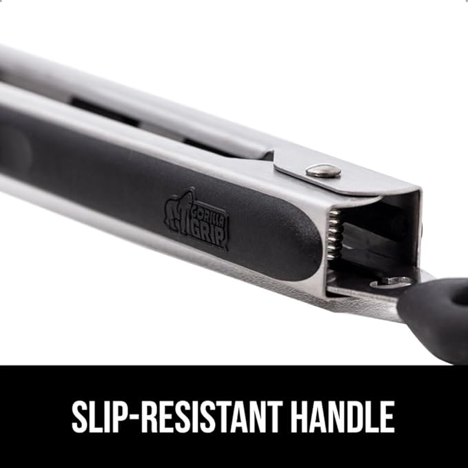 GORILLA GRIP Stainless Steel Heat Resistant Kitchen Tongs for Cooking, 7 + 9 + 12 Inch Set of 3 BBQ Tong, Non Scratch Silicone Tip for Pans, Strong Grip, Grab Food, Toss Salad, Pull Lock, Black
