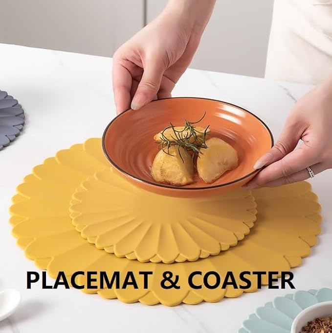 Heat-Resistant Silicone Trivet Mats, Non-Slip Hot Plate Holder for Kitchen Countertops & Dining Table, Reusable Pot Holder Pad with Secure Grip, Dishwasher Safe (Yellow, Diameter: 18cm/7.09")