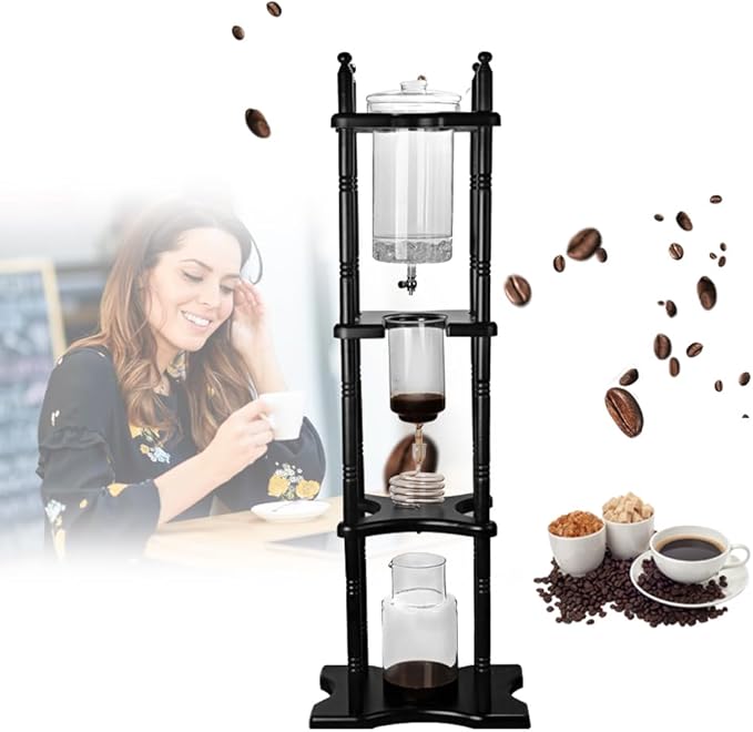 2500ml Cold Brew Coffee Maker, Large Capacity Ice Dripper Coffee Maker, Glass Dutch Coffee Dripper Ice Drip Coffee Tower With Stable Base, Portable Household With Pine Wood amd Handmade Glass