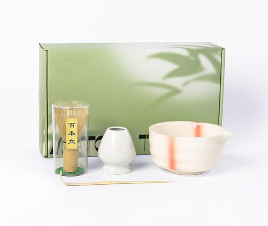 Matcha Whisk Set,Ceramic Matcha Set,with Ceramic Bowl,Bamboo Whisk&Holder,Scoop,Authentic Japanese Matcha,for Matcha Lovers,Gift for Family/Friend(Spotted Pink)