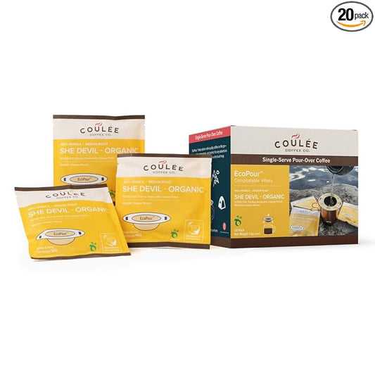 Coulée EcoPour She Devil Coffee, Single Serve Arabic Coffee, Medium Roast, Use for Camping or Traveling, Pre Filled Compostable Filters, Ready to Brew with Hot Water, 10 Pack