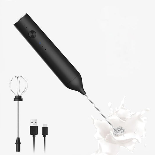Rechargeable Milk Frother by ELMWAY, 3 Speed Electric Milk Frother Handled with Wand and Egg Whisk Attachments, for Coffee, Matcha and Protein Powder (Black without Stand)