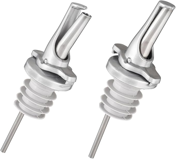 3-in-1 Liquor Pour spout with Built-in Fruit Fly Protection - BPA Free & Dishwasher Safe Hygienic Alcohol Speed Spouts - Also for Olive Oil, Juice, Syrup. Silver 2 Pack