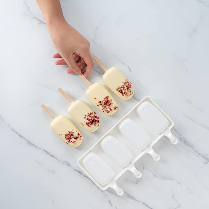 Pastry Tek 4 Cavities Popsicle Mold, 1 Round Cakesicle Mold - Flexible, Freezable, White Silicone Cake Popsicle Mold, Easy Release, For Baking - Restaurantware