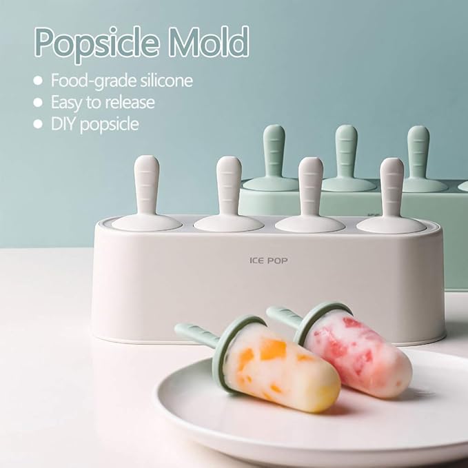 Popsicle Mold Set 4 Pieces Homemade Silicone Popsicle Maker Easy Release Ice Cream Molds Reusable DIY Pop Molds (Green, IcyClassic Pops)