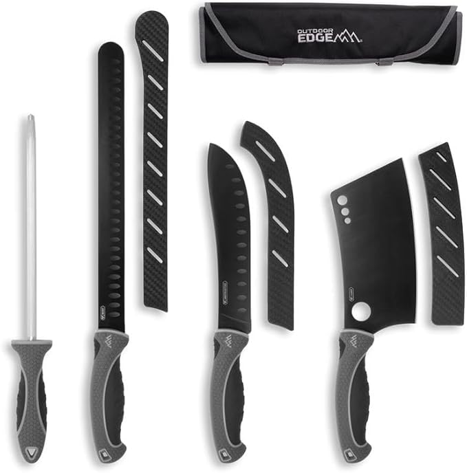 OUTDOOR EDGE ErgoMax Meat Carver Knife Set - Includes Cleaver, Brisket, Butcher & Honing Steel, Premium Titanium-Coated Steel Blades, Non-Slip Rubber Handles, Sharpening Rod