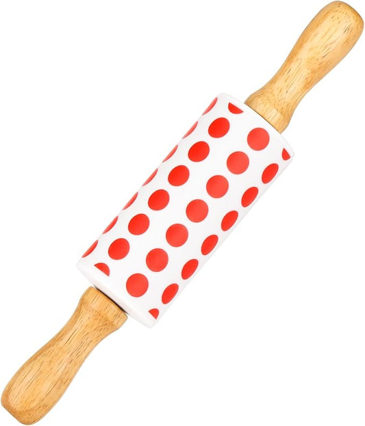 Mini Silicone Rolling Pin for Kids, Non-stick Surface Wood Handle, 9 Inch 1 Pack Red Point