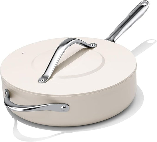 Nonstick Ceramic Sauté Pan with Lid (4.5 qt, 11") Deep Frying Pan for All Cooktops Non Toxic Skillet PTFE/PFOA/PFAS Free, Even Heat Distribution, Oven Safe w/Stay-Cool Handle, Cream