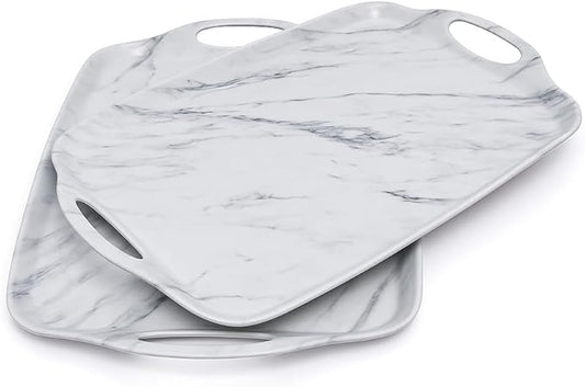 TP Serving Trays with Handles, 17 x 12 Inch Melamine Serving Platters for Food, Meat, Set of 2 Rectangular Trays for Eating, White Marble