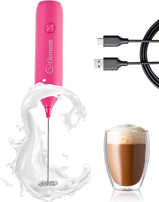 Elementi Pink Milk Frother Wand Rechargeable Drink Mixer - Powerful USB-C Rechargeable Frother & Coffee Stirrers Electric - Hand Held Whisk to Make Perfect Cappuccinos, Lattes & Drink Mixes at Home