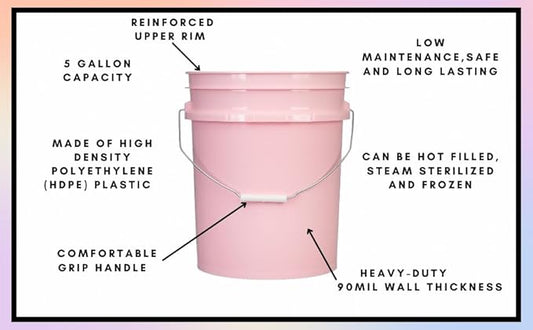 House Naturals Food Grade 5 Gallon Pink Bucket Container- Made in USA. Bucket only, no lid.