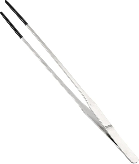 Reptile Feeding Tongs, Stainless Steel Lizard Feeding Tongs, Aquarium Straight Feeding Tweezers for Reptiles with Rubber Tip, Terrarium Feeding Tongs 10.63" L, Black Silver Tone