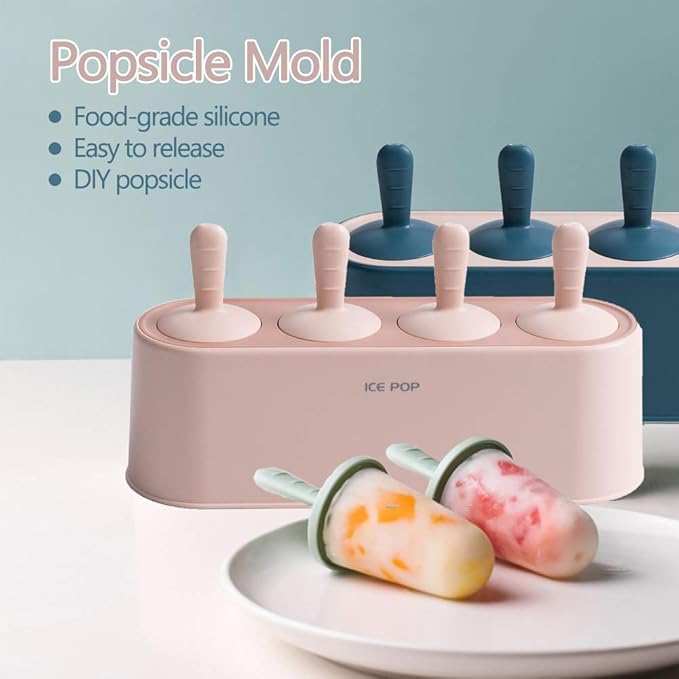 Popsicle Mold Set 4 Pieces Homemade Silicone Popsicle Maker Easy Release Ice Cream Molds Reusable DIY Pop Molds (Pink, IcyClassic Pops)