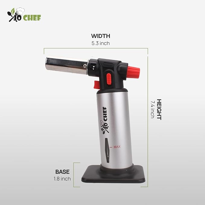 Jo Chef Kitchen Torch with Butane Included – Refillable Lighter with Safety Lock & Adjustable Flame, Blow Culinary Torch for Cooking, BBQ, Creme Brulee, DIY and Soldering - 5 Cans (3.38oz) Included