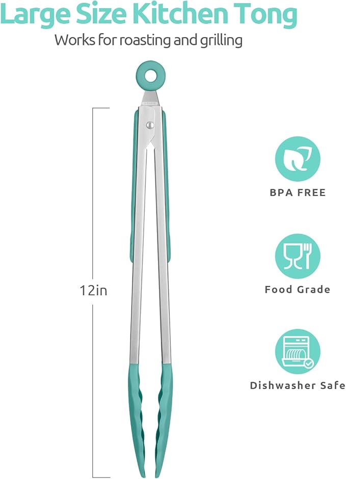 600ºF Heat Resistant Kitchen Tongs: U-Taste 12 in Large Silicone Cooking Tong with Sturdy Non Stick Rubber Tips & Silicon Coated 18/8 Stainless Steel Handle & Smooth Locking for Serving Grill-Aqua Sky